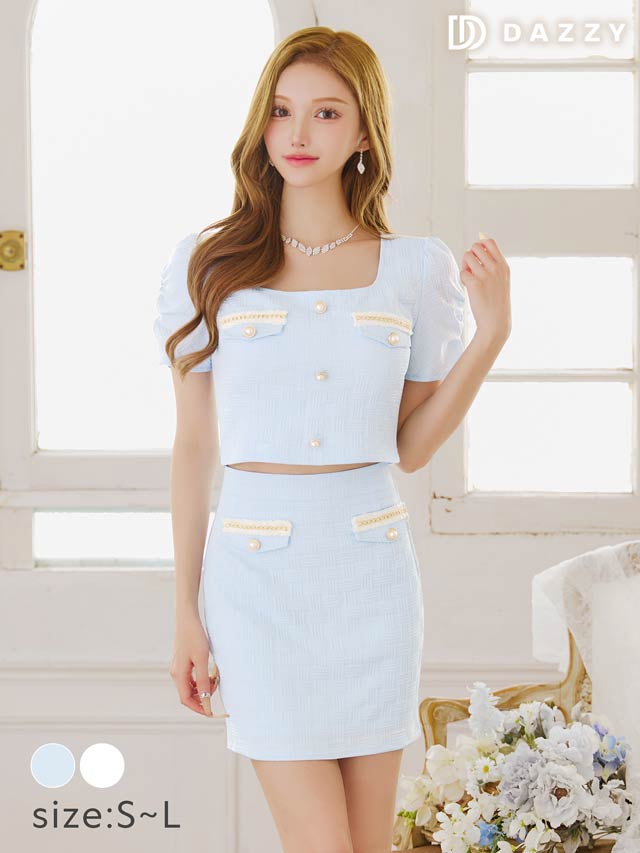 チェーンビジュージオメトリックパフスリーブタイトミニセットアップ[SML/3サイズ展開]