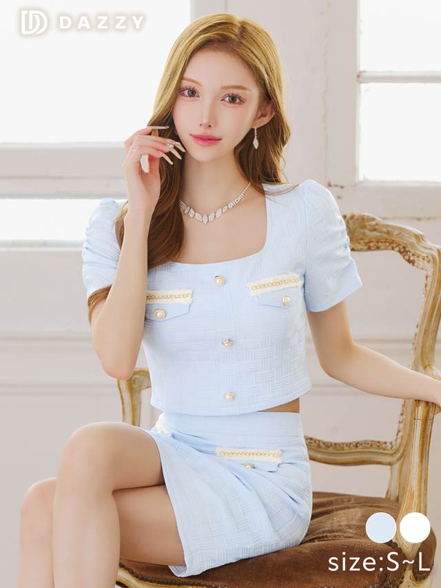 チェーンビジュージオメトリックパフスリーブタイトミニセットアップ[SML/3サイズ展開]