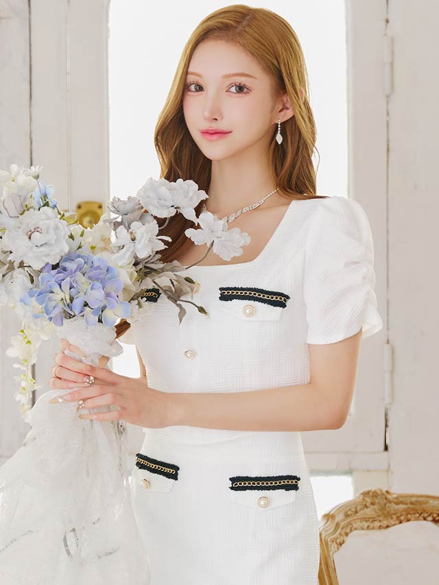 チェーンビジュージオメトリックパフスリーブタイトミニセットアップ[SML/3サイズ展開]