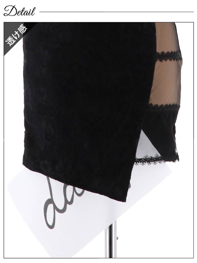 フロントジップワンショルサイド透け総レースタイトミニドレス[XS〜L/4サイズ展開]