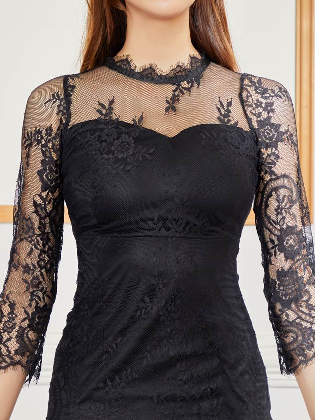 シンプルオールレースシースルータイトミニドレス[XS~L/4サイズ展開][プチプラドレス]