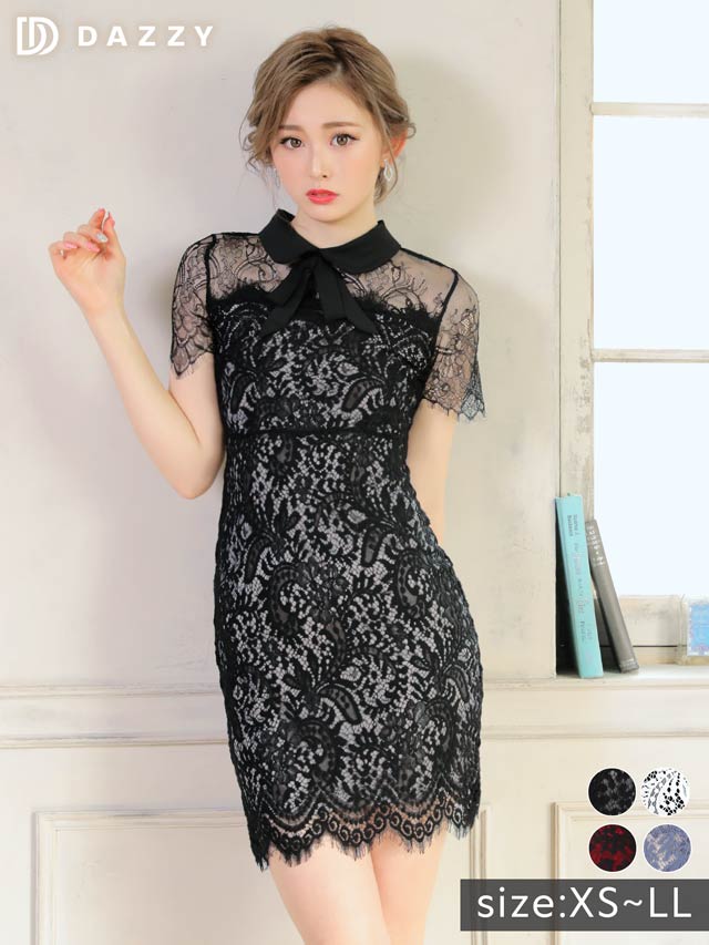 リボン襟付きモノトーンレースタイトミニドレス[XS〜LL/5サイズ展開]