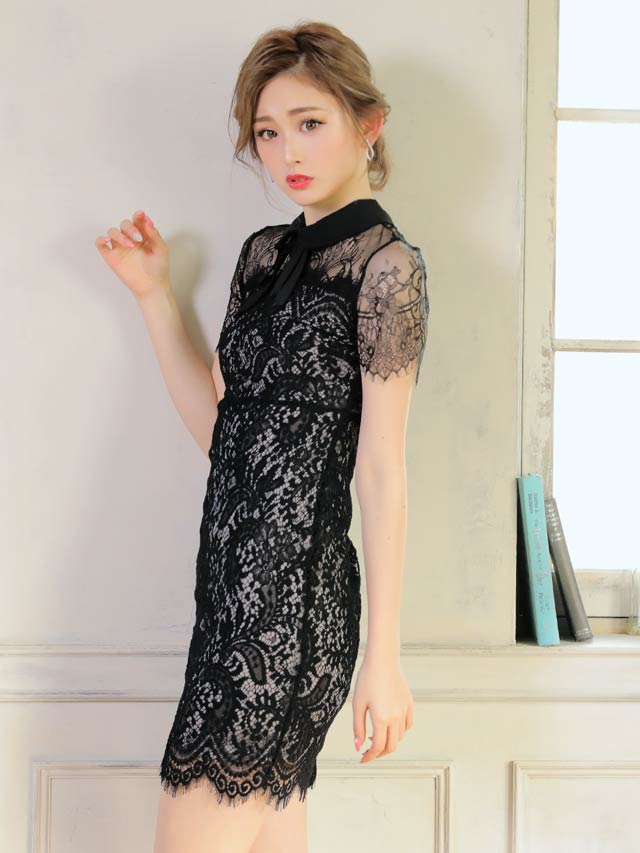 リボン襟付きモノトーンレースタイトミニドレス[XS〜LL/5サイズ展開]