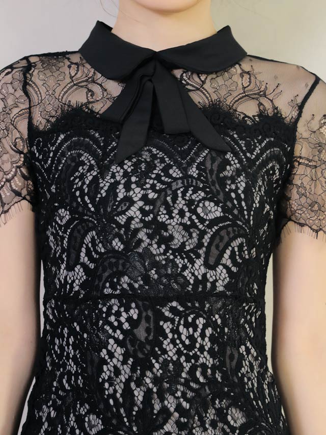 リボン襟付きモノトーンレースタイトミニドレス[XS〜LL/5サイズ展開]