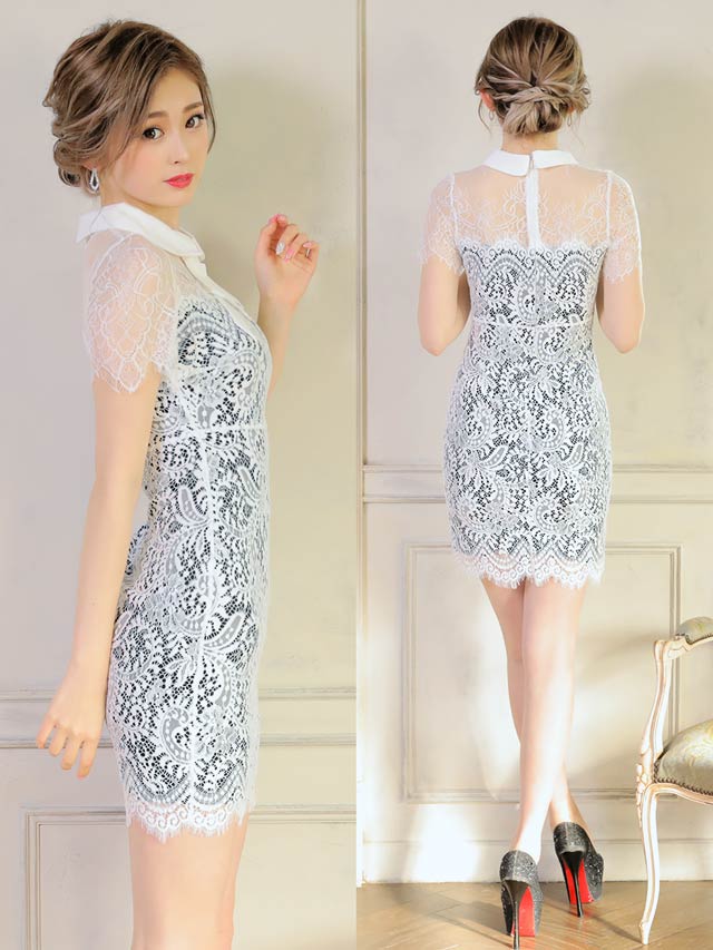 リボン襟付きモノトーンレースタイトミニドレス[XS〜LL/5サイズ展開]