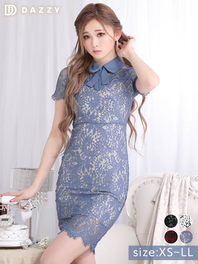 リボン襟付きモノトーンレースタイトミニドレス[XS〜LL/5サイズ展開]