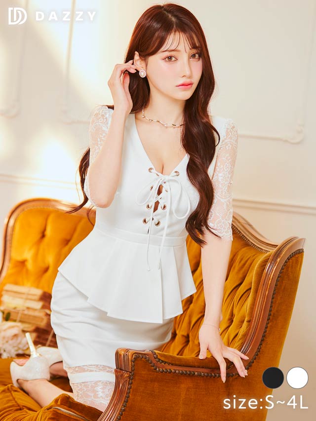 8/12再入荷!フロントレースアップレースタイトミニドレス[S~4L/6サイズ展開]