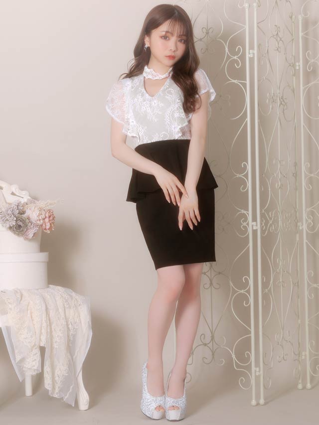 5/27再入荷! デコルテホールレーストップペプラムタイトミニドレス[XS〜L/4サイズ展開]