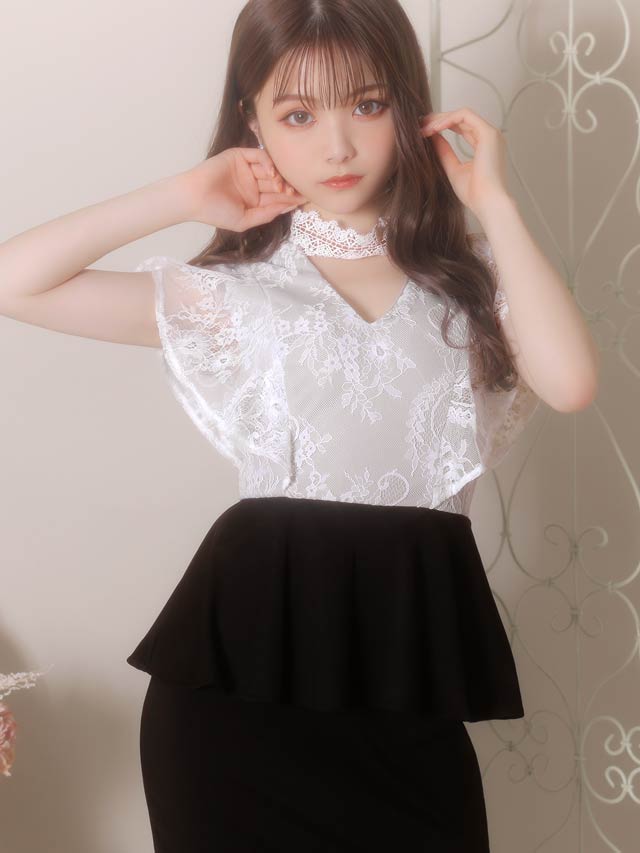 5/27再入荷! デコルテホールレーストップペプラムタイトミニドレス[XS〜L/4サイズ展開]