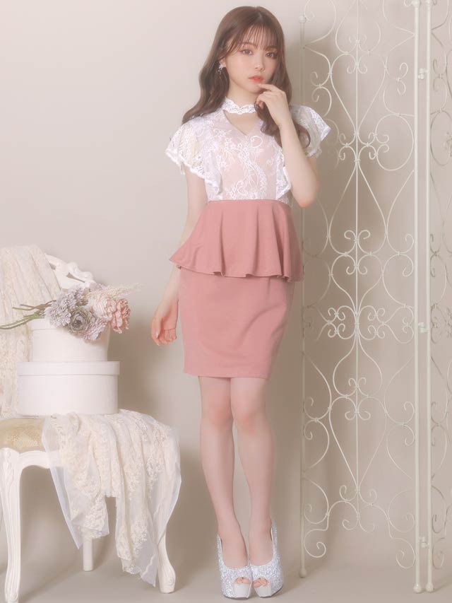 5/27再入荷! デコルテホールレーストップペプラムタイトミニドレス[XS〜L/4サイズ展開]