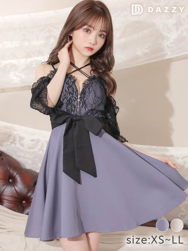 フロントジップクロスリボンベルト付きシアーレース7分袖Aラインミニドレス[XS~LLサイズ/5サイズ展開]