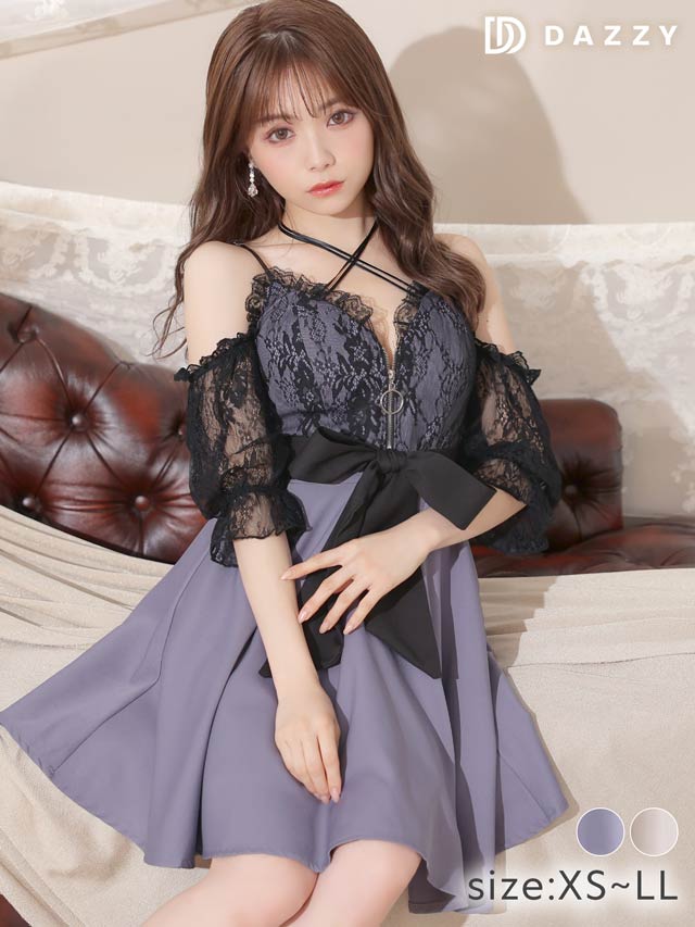 フロントジップクロスリボンベルト付きシアーレース7分袖Aラインミニドレス[XS~LLサイズ/5サイズ展開]