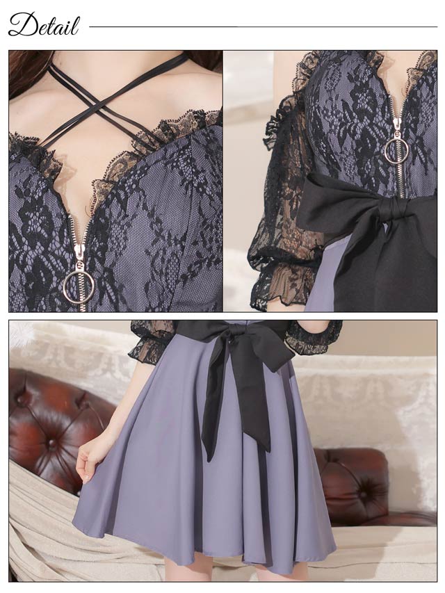 フロントジップクロスリボンベルト付きシアーレース7分袖Aラインミニドレス[XS~LLサイズ/5サイズ展開]