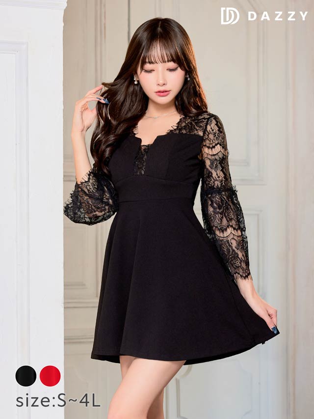 [S~4Lサイズ]ワンカラーシンプルレースAラインミニドレス[6サイズ展開]