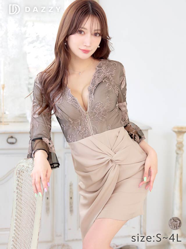 モノトーンフラワー刺繍アンブレラスリーブタイトミニドレス[S~4L/6サイズ展開]