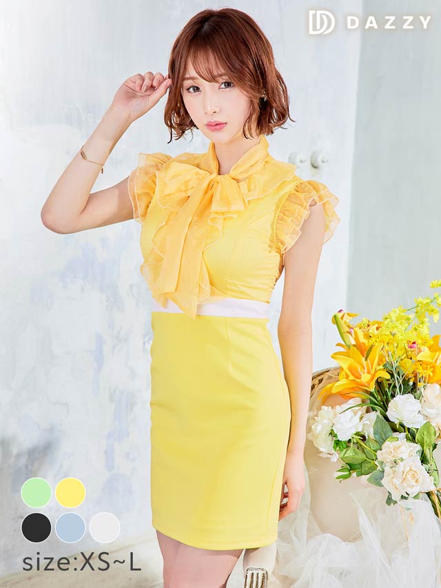 [XS〜Lサイズ]ボウタイリボンラメシフォンタイトミニドレス[4サイズ展開]