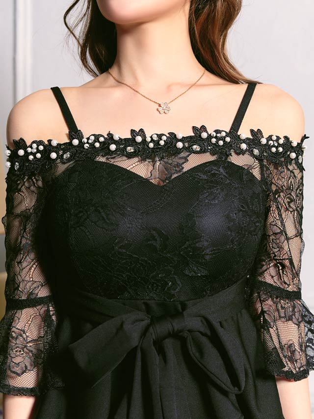 パールビジュー付きシアーオフショルペプラムタイトミニドレス[S〜3L/5サイズ展開]