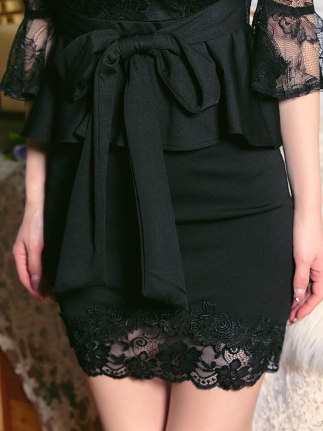 パールビジュー付きシアーオフショルペプラムタイトミニドレス[S〜3L/5サイズ展開]