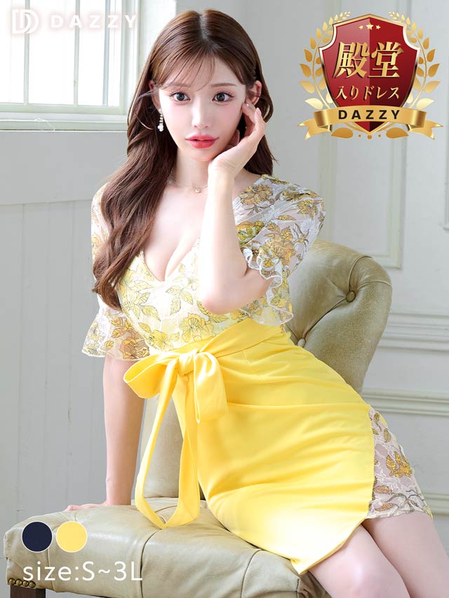 7/22再入荷!アートフラワーフレアスリーブタイトミニドレス[S〜3L/5サイズ展開][明日花キララ着用]