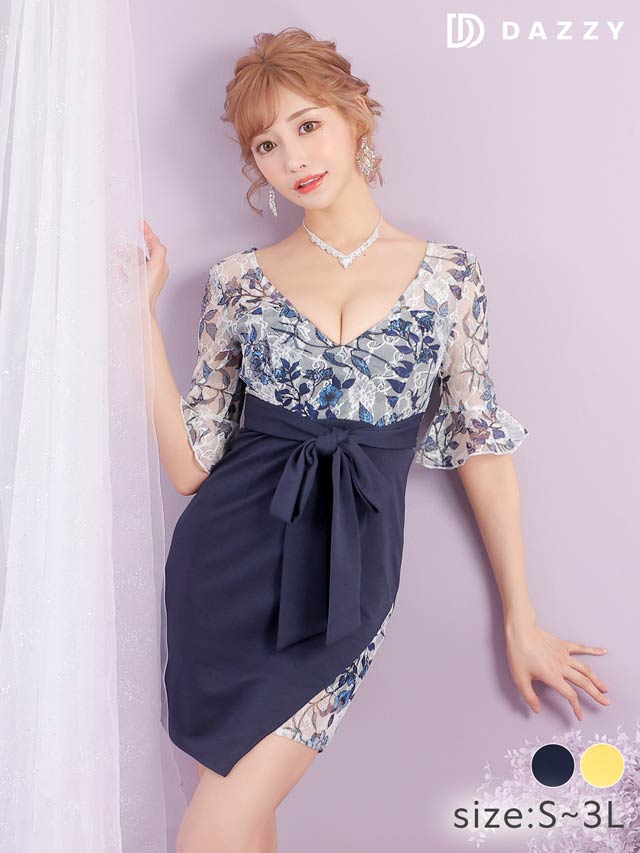 7/22再入荷!アートフラワーフレアスリーブタイトミニドレス[S〜3L/5サイズ展開][明日花キララ着用]