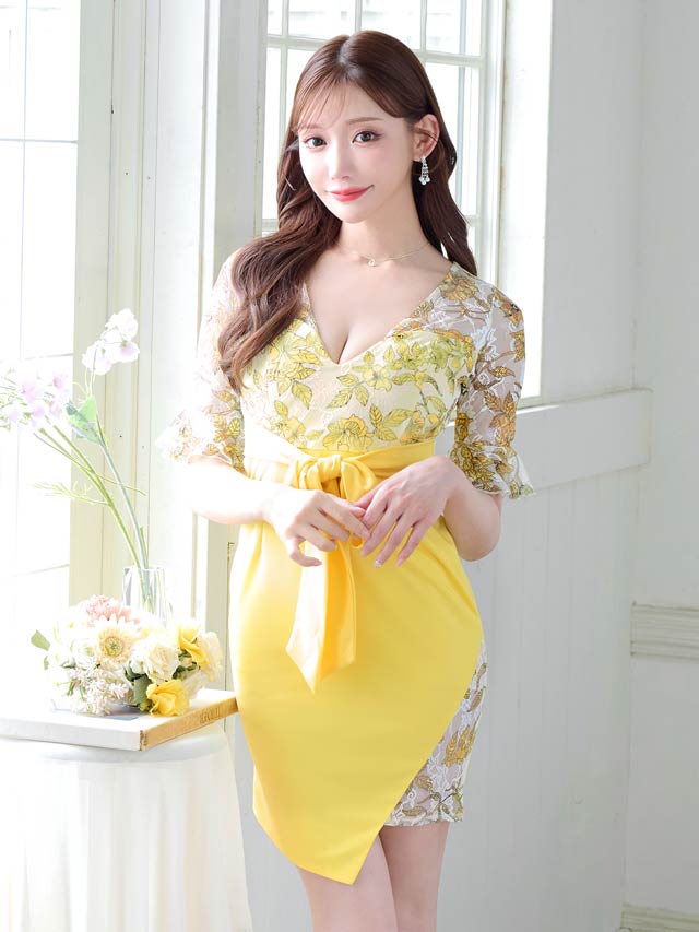 7/22再入荷!アートフラワーフレアスリーブタイトミニドレス[S〜3L/5サイズ展開][明日花キララ着用]