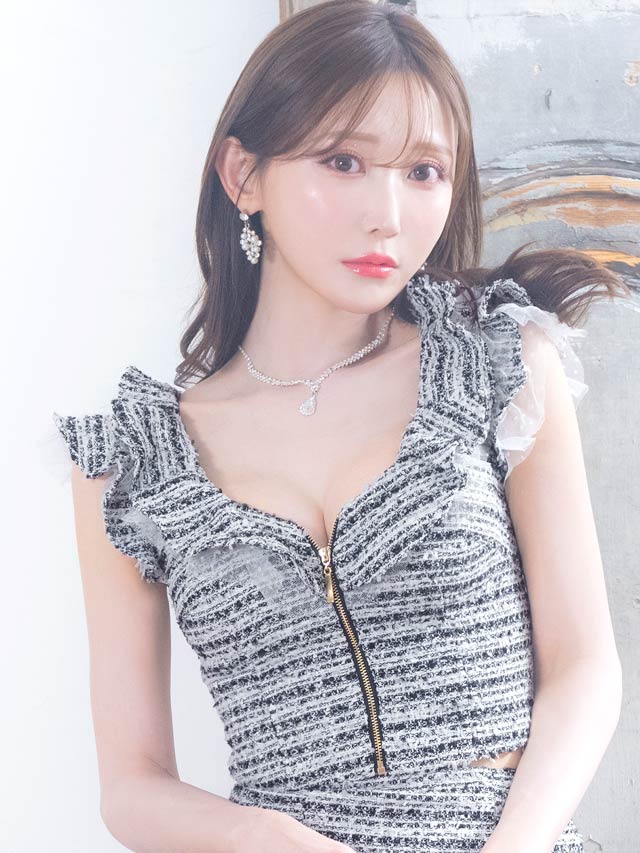 [XS~Lサイズ]フロントジップツイードチュールドットフリルタイトミニセットアップ[4サイズ展開]