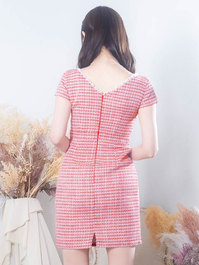 [XS~Lサイズ]フロントジップフリンジツイードウエストビジュー半袖タイトミニドレス[4サイズ展開][LIVE紹介]