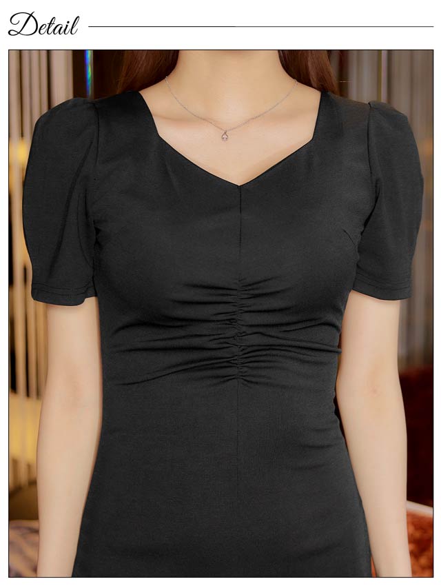 [SMLサイズ]ワンカラーギャザーVネック半袖タイト膝丈ドレス[3サイズ展開][プチプラドレス][LIVE紹介]