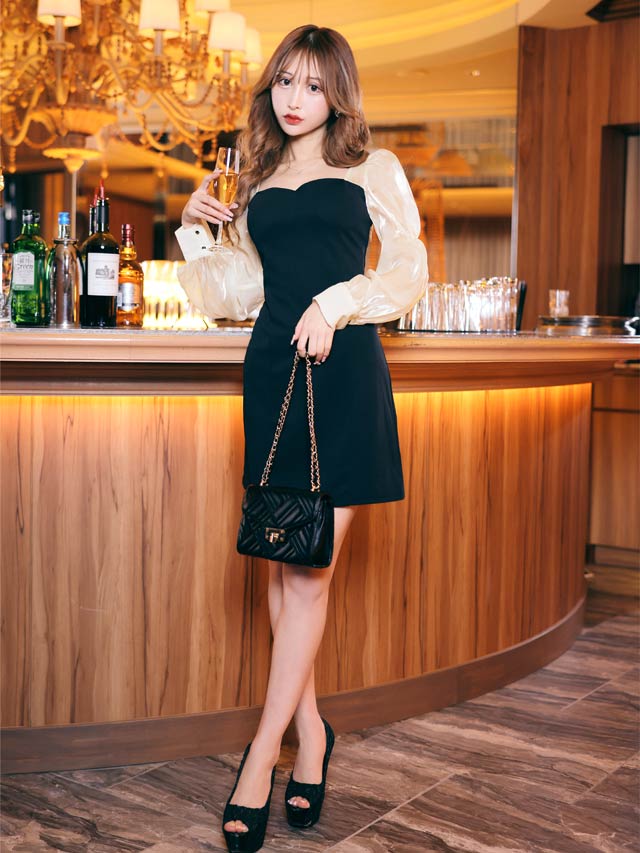 シンプルシアーオーガンジー長袖Aラインミニドレス[S~LL/4サイズ展開]