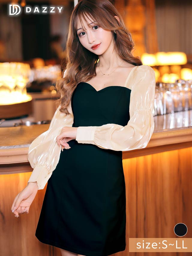 シンプルシアーオーガンジー長袖Aラインミニドレス[S~LL/4サイズ展開]