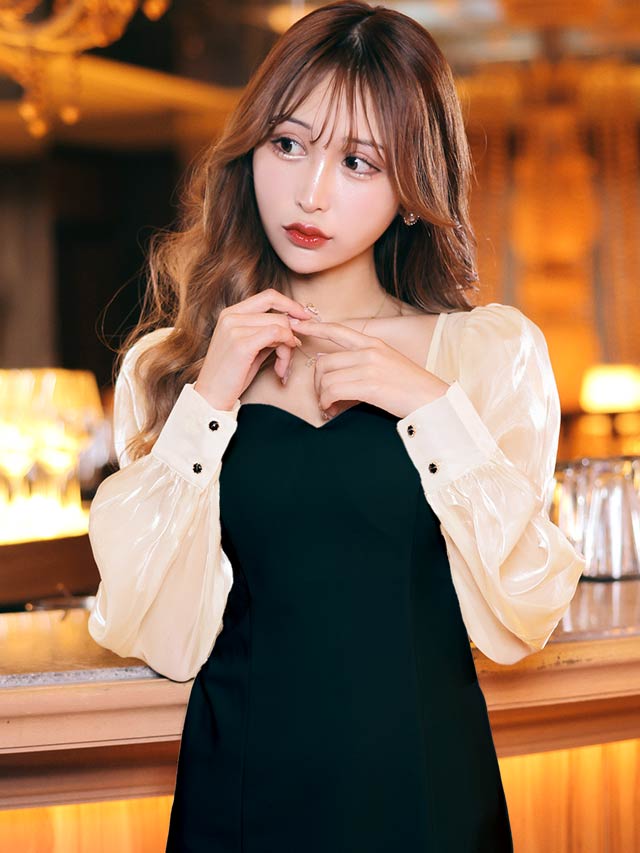 シンプルシアーオーガンジー長袖Aラインミニドレス[S~LL/4サイズ展開]