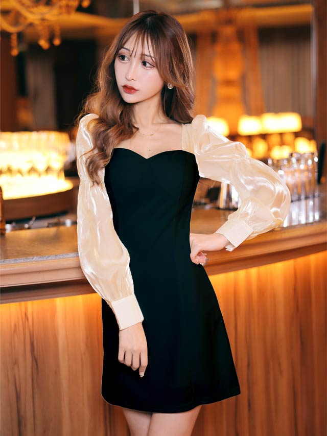 シンプルシアーオーガンジー長袖Aラインミニドレス[S~LL/4サイズ展開]