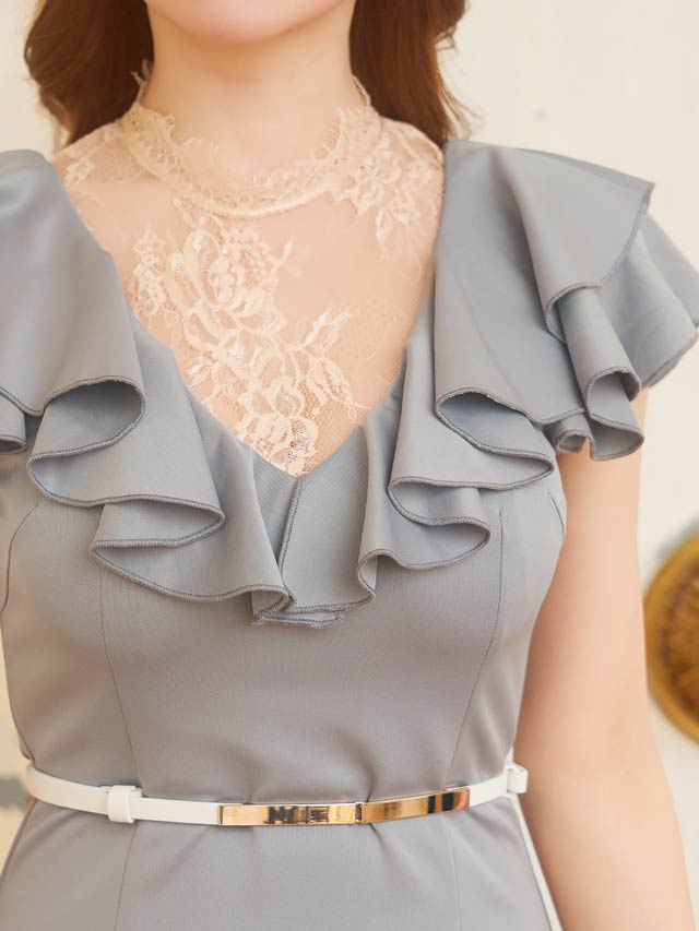 [SMLサイズ]ハイネックレースフリル袖ベルト付きタイトミニドレス[3サイズ展開]