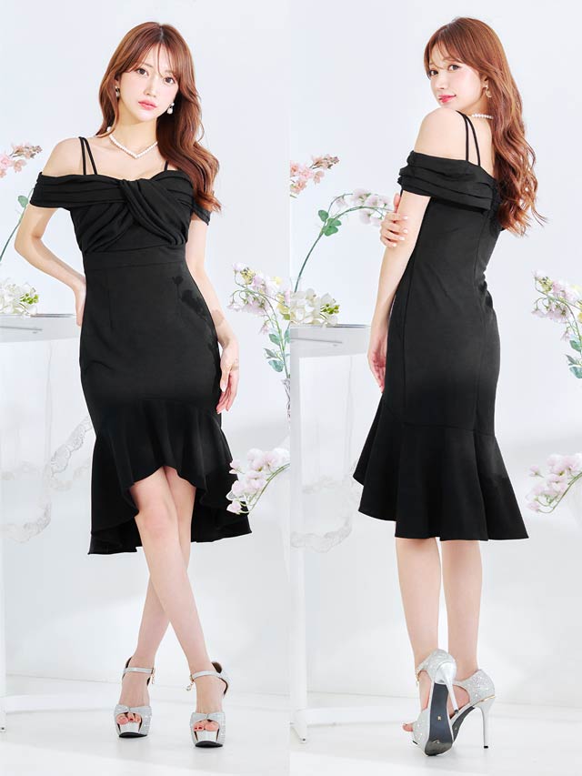 7/22再入荷! フロントツイストオフショルマーメイドミニドレス[XS~L/4サイズ展開]