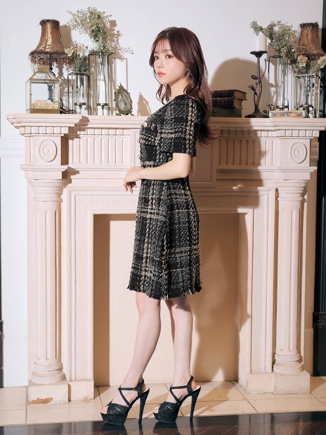 チェックツイードパールフリンジタイトミニドレス[SML/3サイズ展開]