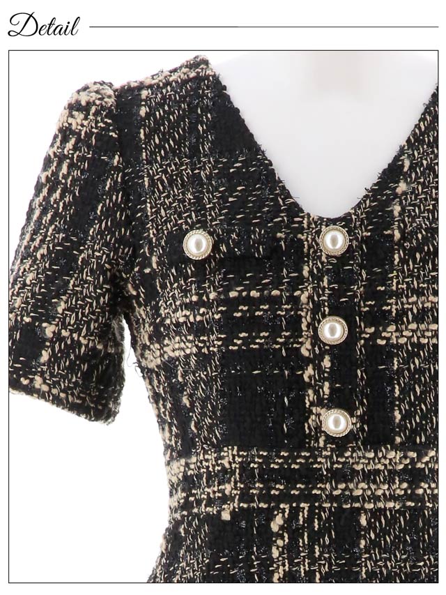 チェックツイードパールフリンジタイトミニドレス[SML/3サイズ展開]