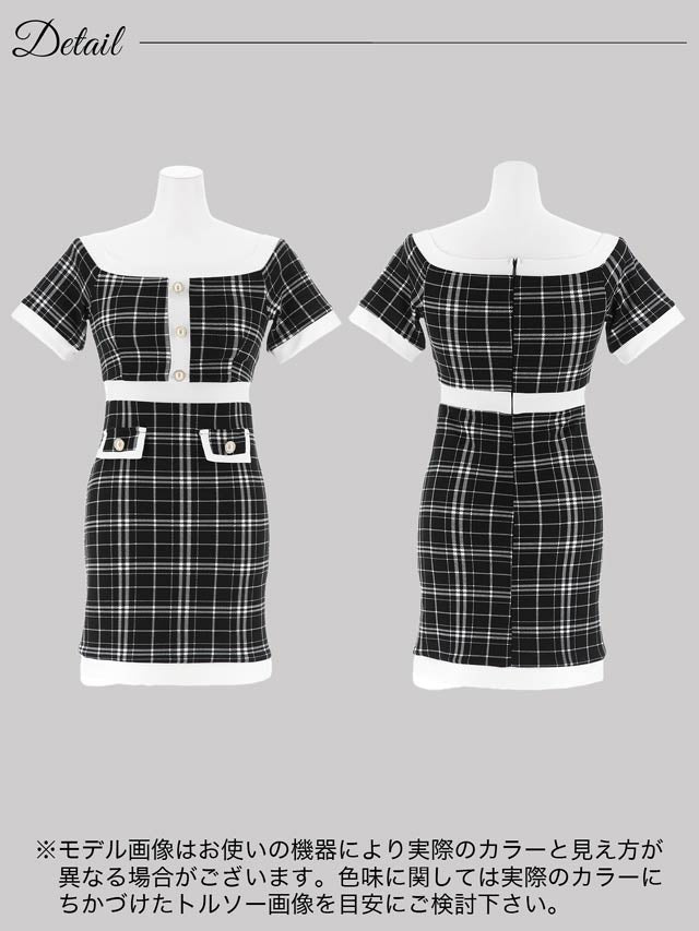 チェック柄フェイクポケット半袖タイトミニドレス[SML/3サイズ展開]