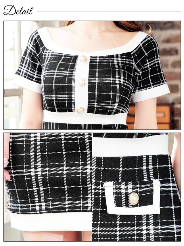 チェック柄フェイクポケット半袖タイトミニドレス[SML/3サイズ展開]