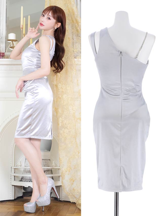 明日花キララ着用[SMLサイズ]ワンショルダーサイドタックサテンタイト膝丈ドレス[3サイズ展開]