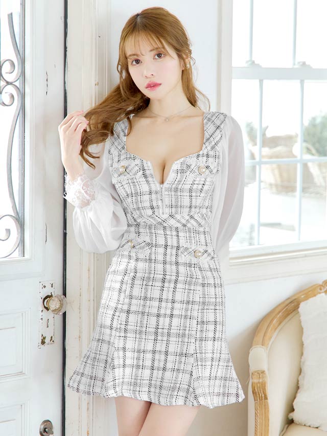 ツイードチェックパールビジューフロントジップ長袖マーメイドミニドレス[S~LL/4サイズ展開]