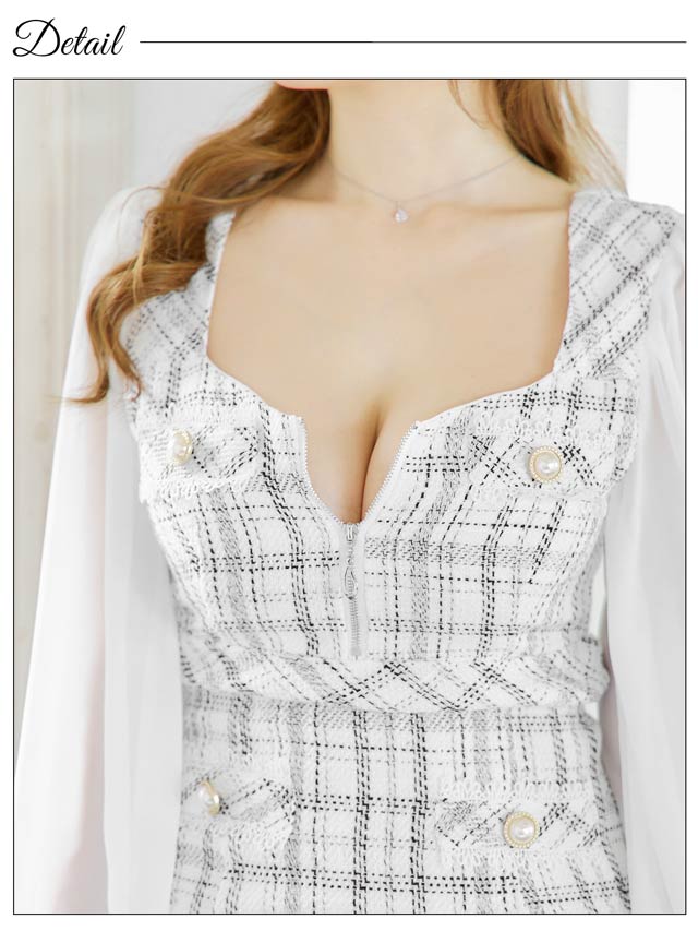 ツイードチェックパールビジューフロントジップ長袖マーメイドミニドレス[S~LL/4サイズ展開]