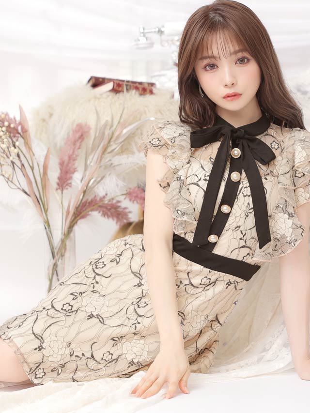 7/22再入荷!  ネックリボンフラワー総レースフリルAラインミニドレス[XS~LL/5サイズ展開]