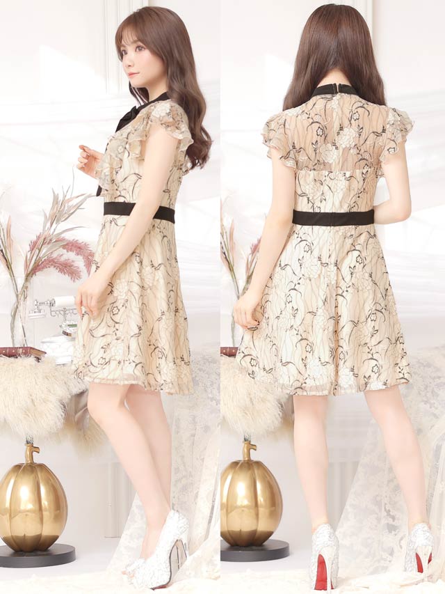 7/22再入荷!  ネックリボンフラワー総レースフリルAラインミニドレス[XS~LL/5サイズ展開]