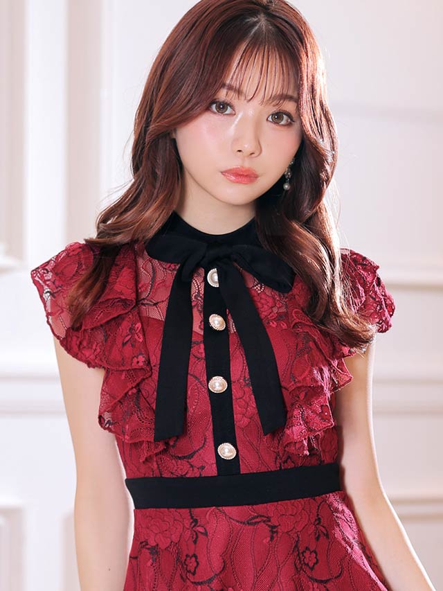 7/22再入荷!  ネックリボンフラワー総レースフリルAラインミニドレス[XS~LL/5サイズ展開]