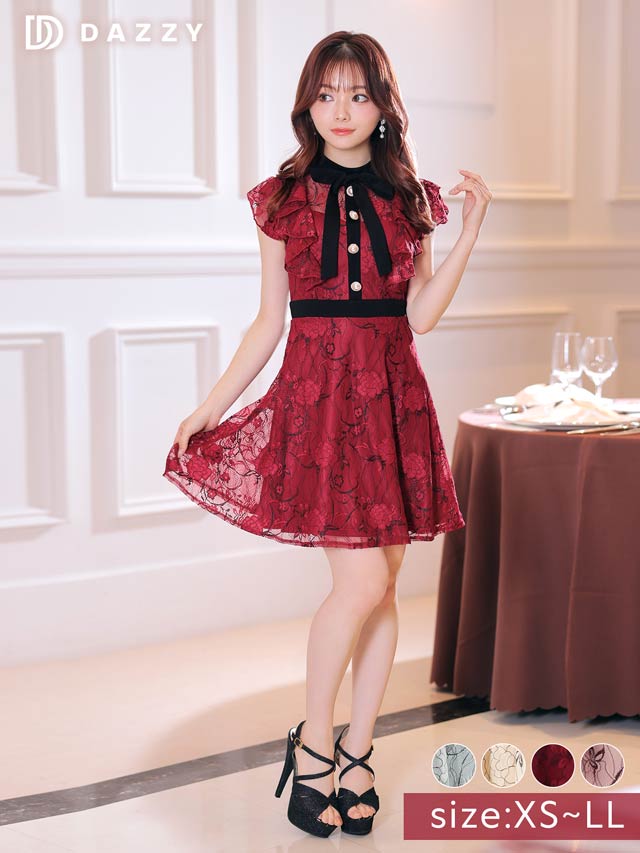 7/22再入荷!  ネックリボンフラワー総レースフリルAラインミニドレス[XS~LL/5サイズ展開]