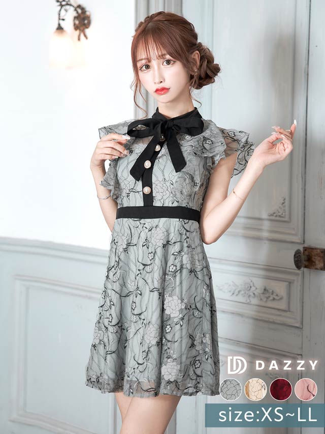 7/22再入荷!  ネックリボンフラワー総レースフリルAラインミニドレス[XS~LL/5サイズ展開]