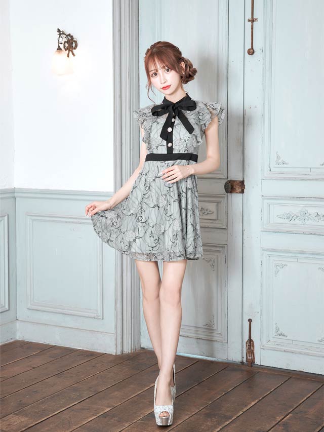 7/22再入荷!  ネックリボンフラワー総レースフリルAラインミニドレス[XS~LL/5サイズ展開]