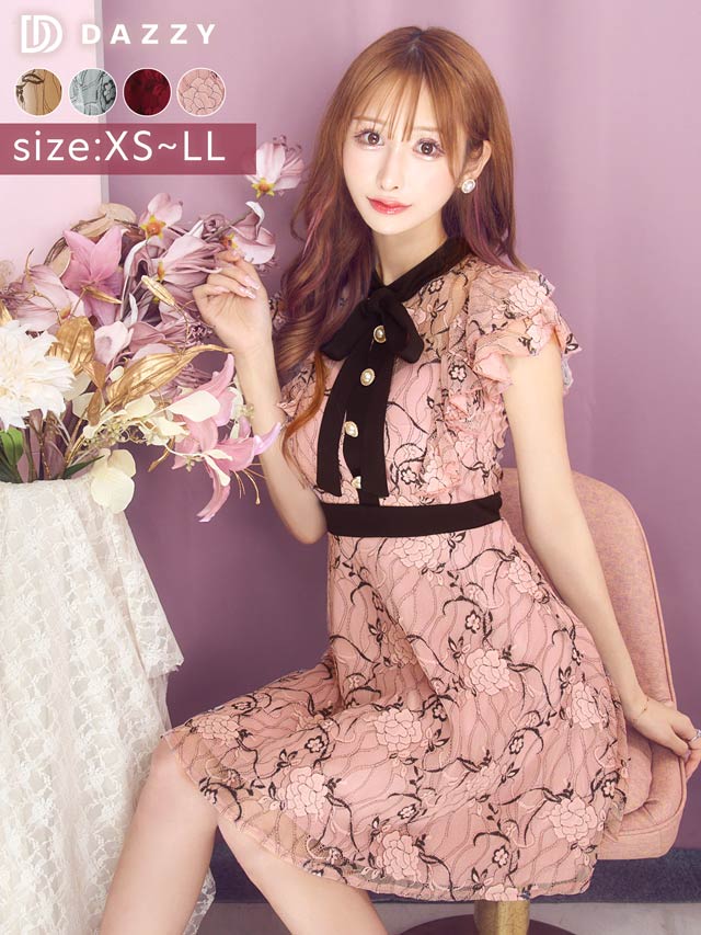 7/22再入荷!  ネックリボンフラワー総レースフリルAラインミニドレス[XS~LL/5サイズ展開]