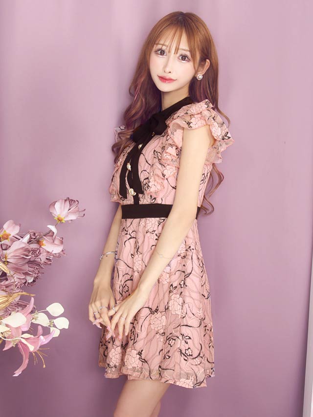 7/22再入荷!  ネックリボンフラワー総レースフリルAラインミニドレス[XS~LL/5サイズ展開]