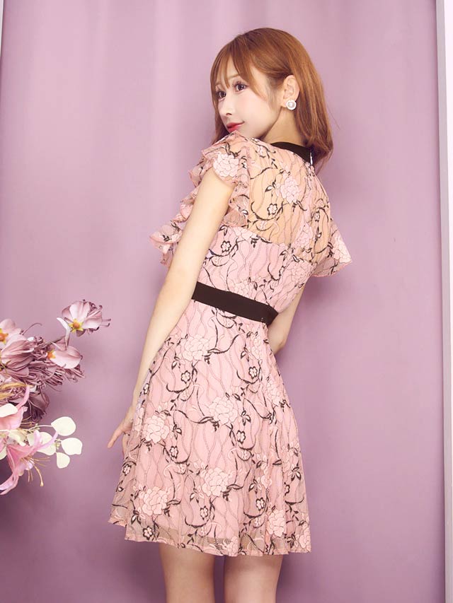 7/22再入荷!  ネックリボンフラワー総レースフリルAラインミニドレス[XS~LL/5サイズ展開]